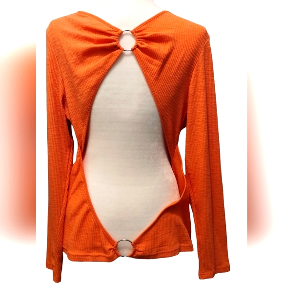 Plus Size Ribbed Long Sleeve Exposed Back Top - Picture 1 of 11